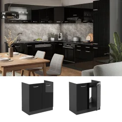 Vicco Meuble bas sous-évier Noir Haute brillance 80cm PT Marbre