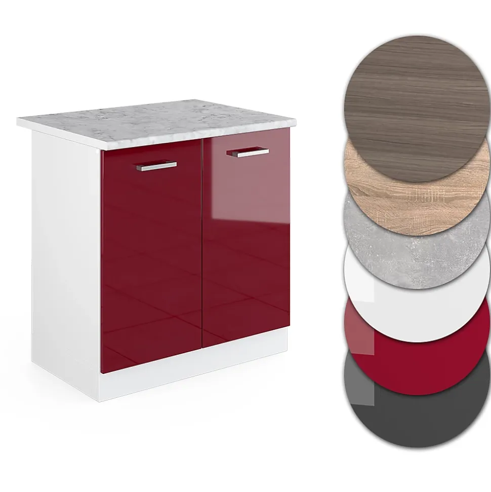 Vicco Meuble bas sous-évier Rouge brillant 80cm , PT Marbre