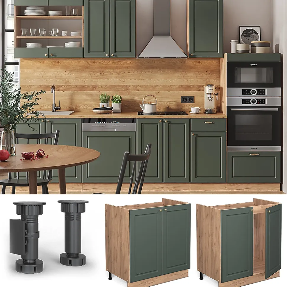 Vicco Meuble bas sous-évier Vert Or Campagne 80cm , PT Chêne