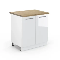 Vicco Meuble bas sous-évier Blanc Haute brillance 80cm avec étagère, PT Chêne