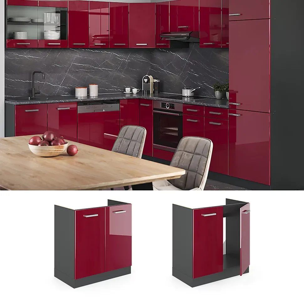 Vicco Meuble bas sous-évier Rouge brillant 80cm PT Marbre