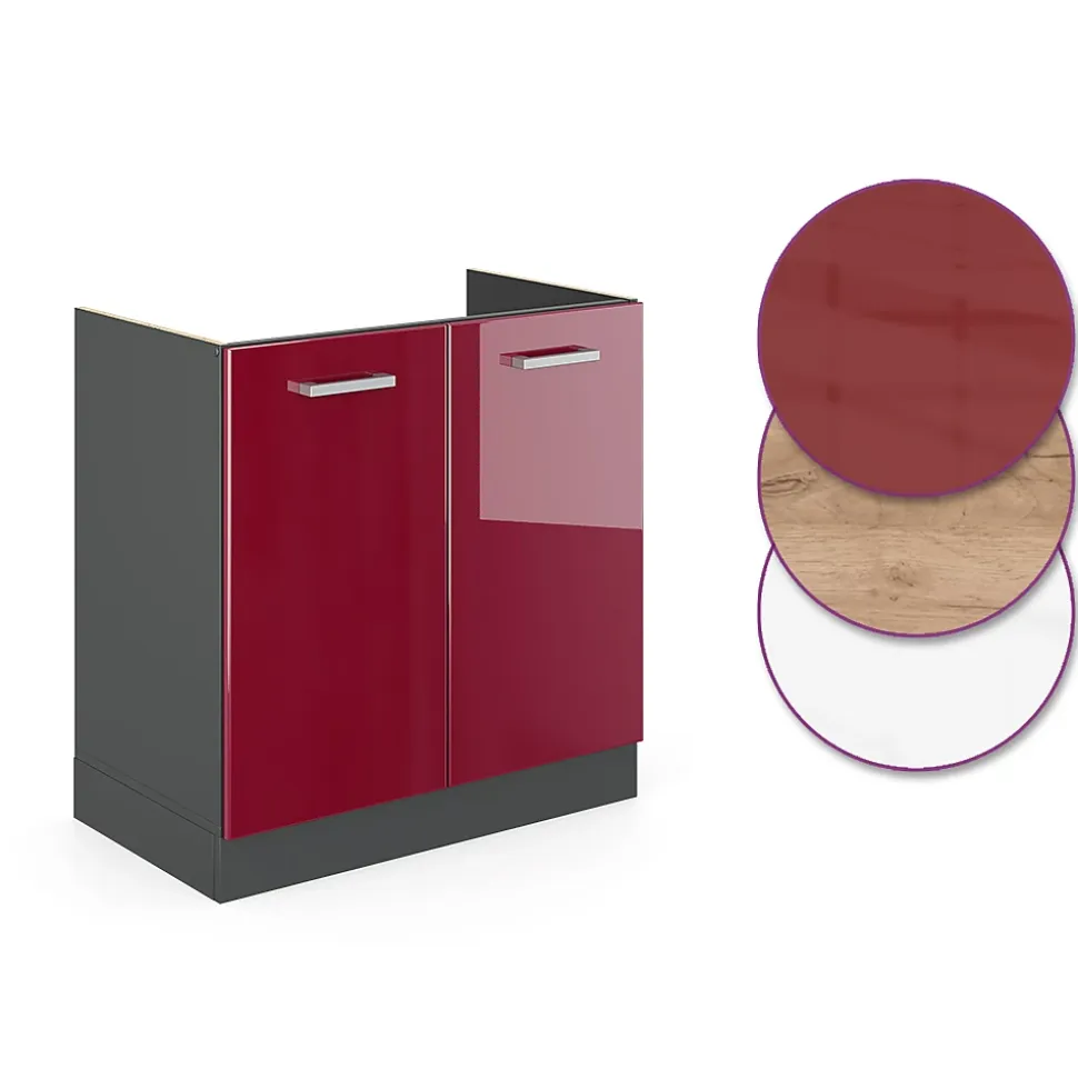 Vicco Meuble bas sous-évier Rouge brillant 80cm PT Marbre