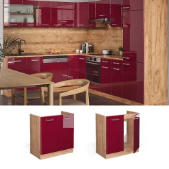 Vicco Meuble bas sous-évier Rouge brillant 80cm , PT Chêne