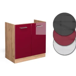 Vicco Meuble bas sous-évier Rouge brillant 80cm , PT Chêne