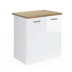 Vicco Meuble bas sous-évier Blanc Haute brillance 80cm , PT Chêne