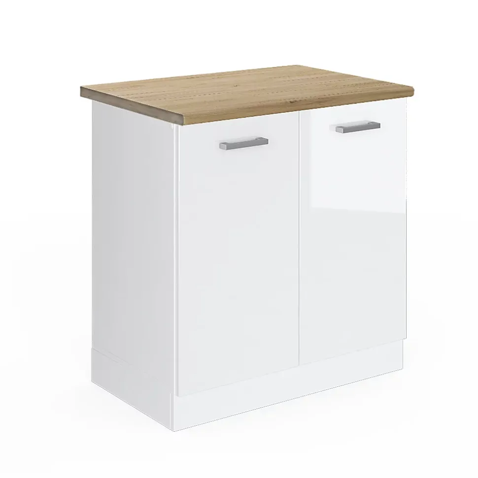 Vicco Meuble bas sous-évier Blanc Haute brillance 80cm , PT Chêne