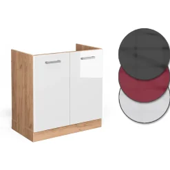 Vicco Meuble bas sous-évier Blanc Haute brillance 80cm , PT Chêne