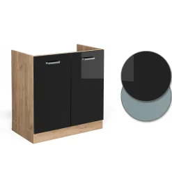 Vicco Meuble bas sous-évier Noir Haute brillance 80cm , PT Chêne