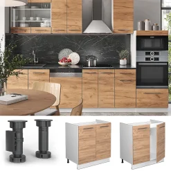 Vicco Meuble bas sous-évier Chêne de force doré 80cm , PT Marbre