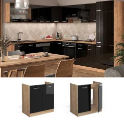 Vicco Meuble bas sous-évier Noir Haute brillance 80cm sans PT