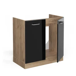 Vicco Meuble bas sous-évier Noir Haute brillance 80cm sans PT