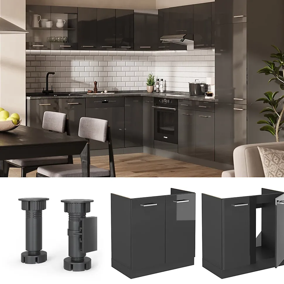 Vicco Meuble bas sous-évier Anthracite Haute brillance 80cm sans PT