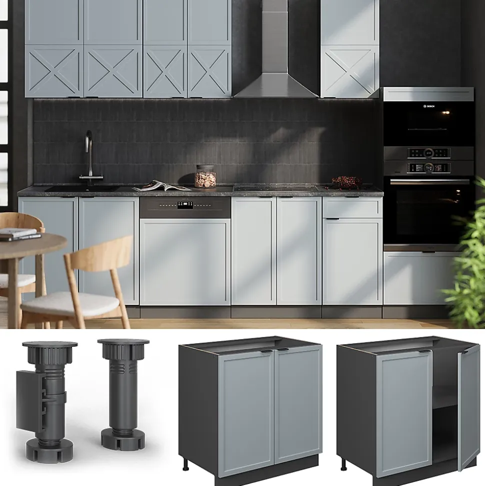 Vicco Meuble bas sous-évier Bleu clair-gris 80cm avec étagère, PT Marbre