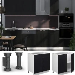 Vicco Meuble bas sous-évier Noir rayé 80cm avec étagère, PT Chêne