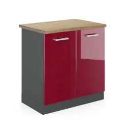 Vicco Meuble bas sous-évier Rouge brillant 80cm , PT Chêne