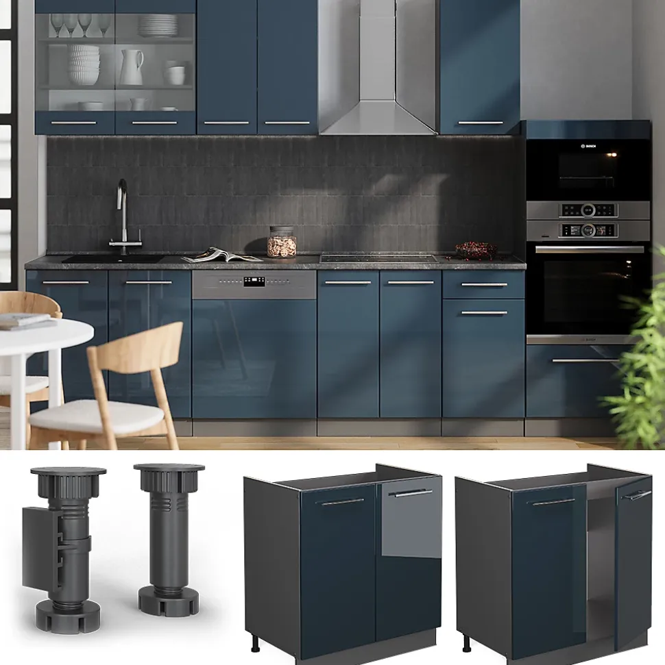 Vicco Meuble bas sous-évier Bleu foncé brillant 80cm , PT Chêne