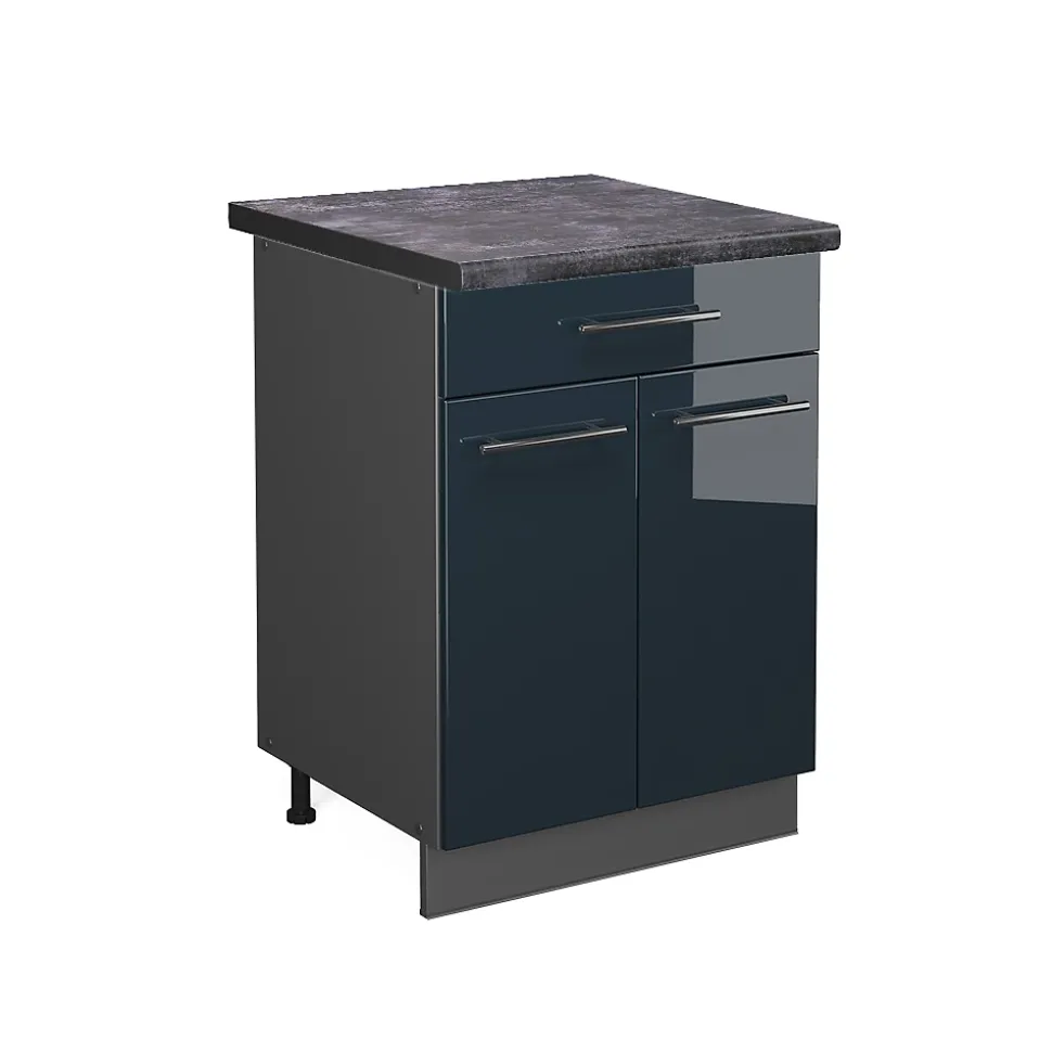 Vicco Meuble bas sous-évier Bleu foncé brillant 80cm , PT Chêne