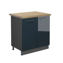 Vicco Meuble bas sous-évier Bleu foncé brillant 80cm , PT Chêne