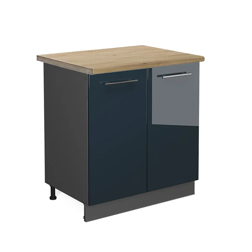 Vicco Meuble bas sous-évier Bleu foncé brillant 80cm , PT Chêne