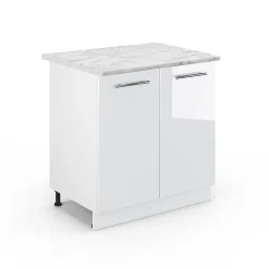 Vicco Meuble bas sous-évier Blanc Haute brillance 80cm avec étagère, PT Marbre