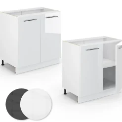 Vicco Meuble bas sous-évier Blanc Haute brillance 80cm avec étagère, PT Marbre