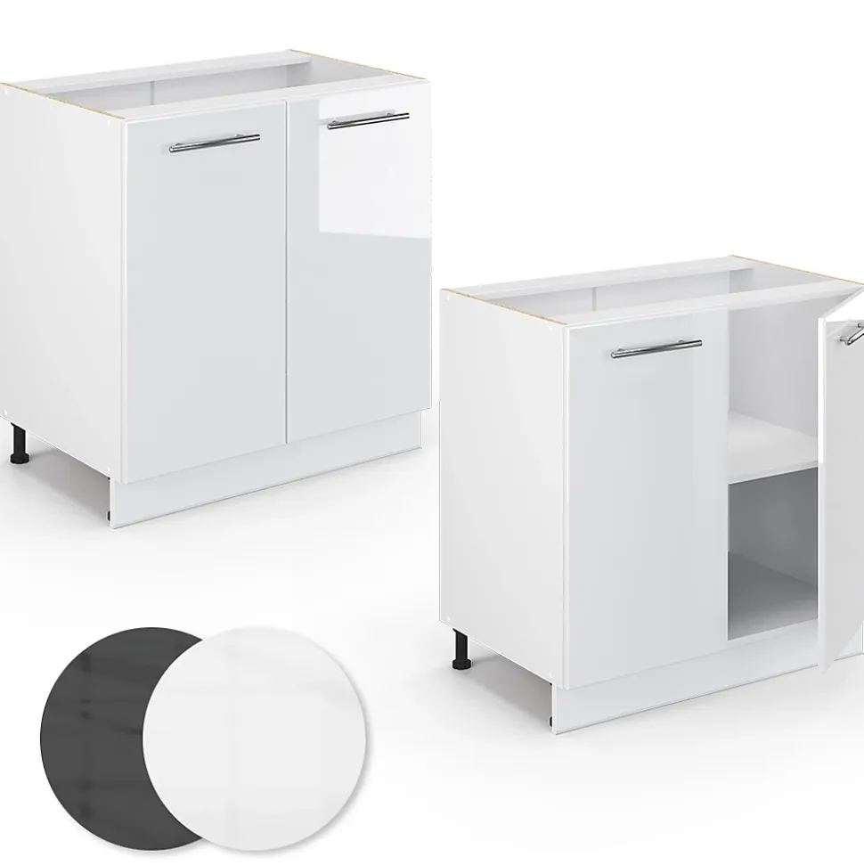 Vicco Meuble bas sous-évier Blanc Haute brillance 80cm avec étagère, PT Marbre