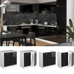 Vicco Meuble bas sous-évier Noir Haute brillance 80cm sans PT