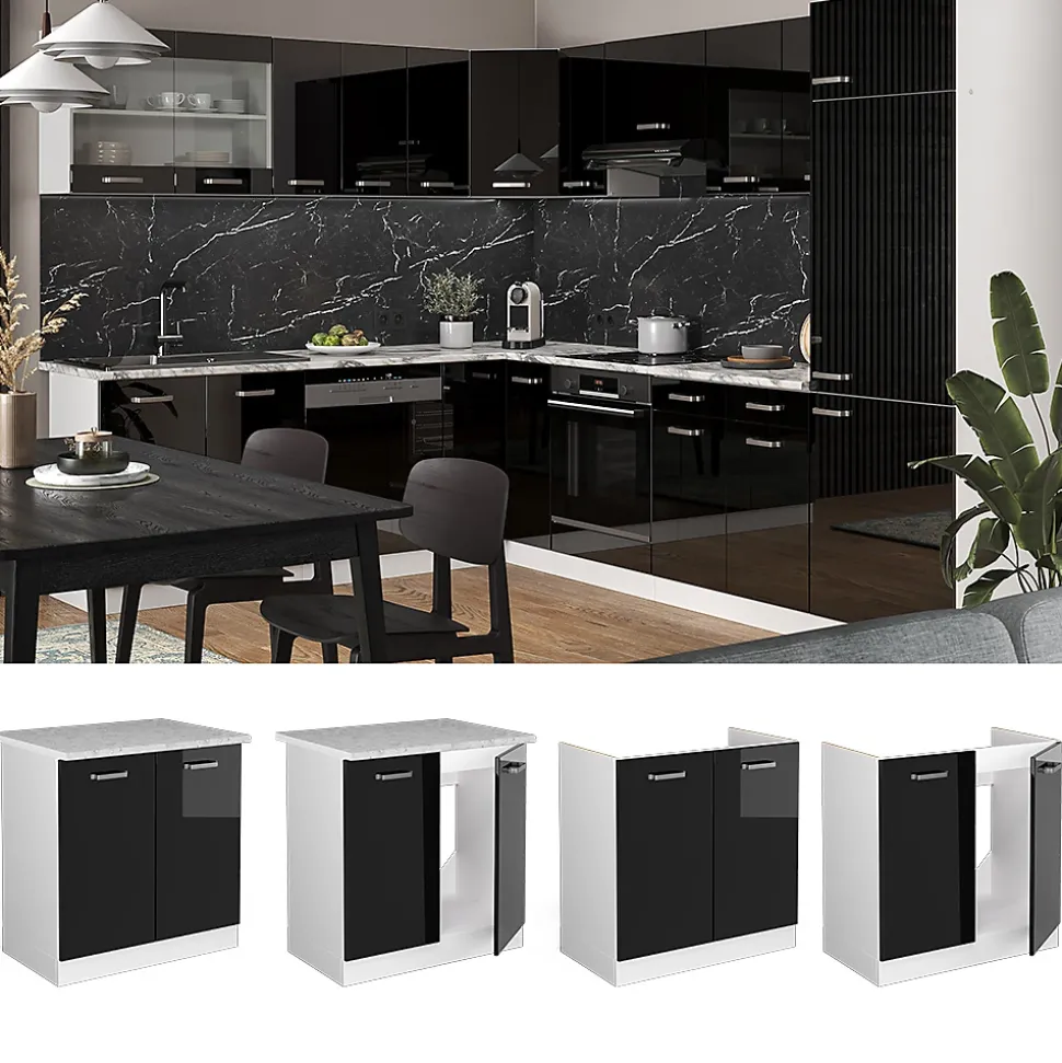 Vicco Meuble bas sous-évier Noir Haute brillance 80cm sans PT