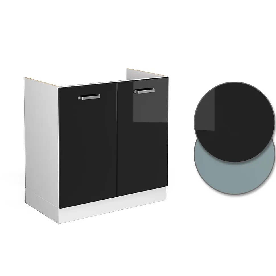 Vicco Meuble bas sous-évier Noir Haute brillance 80cm sans PT