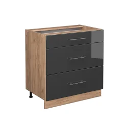 Vicco Meuble cuisine Anthracite Haute brillance 80cm avec 3 tiroirs, sans PT