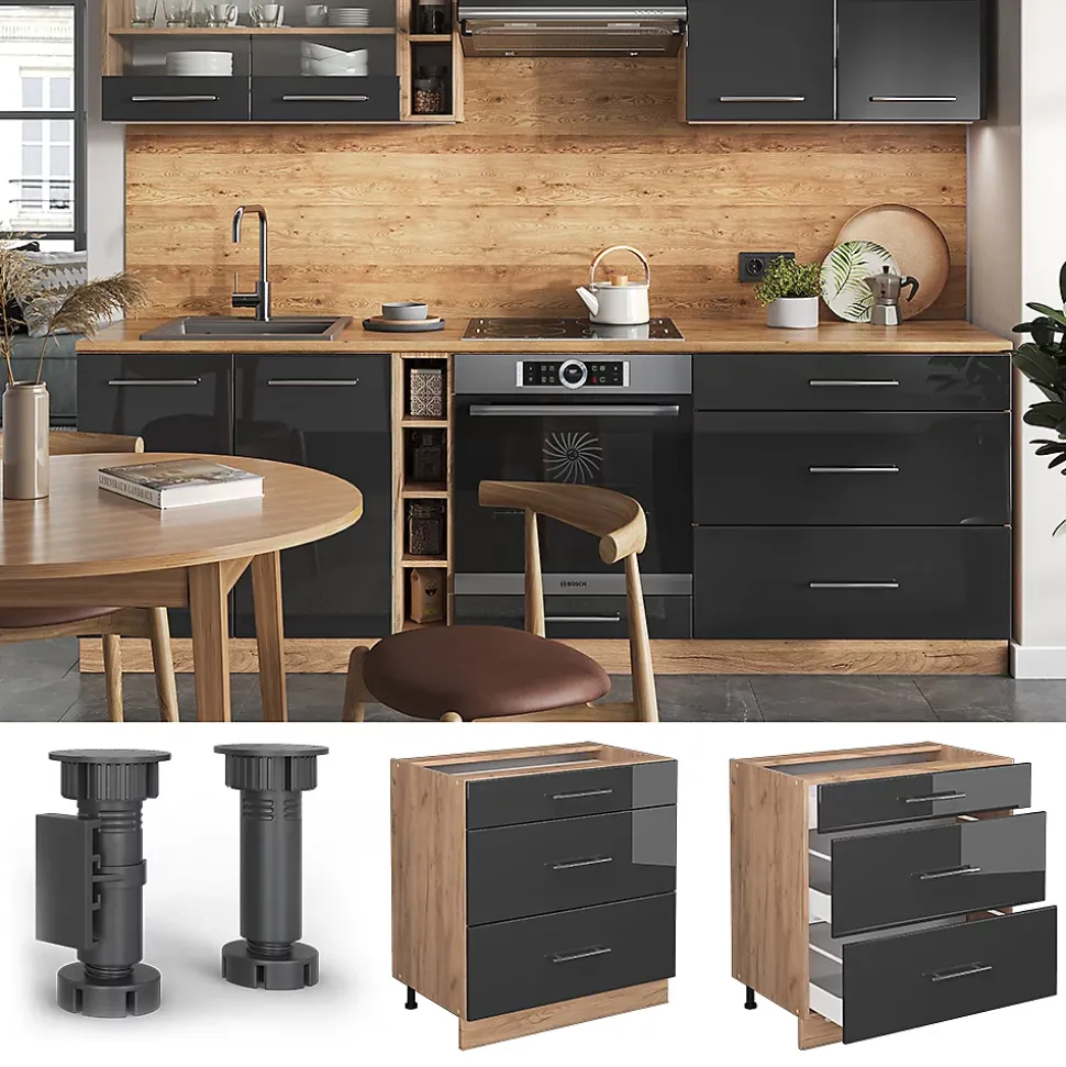 Vicco Meuble cuisine Anthracite Haute brillance 80cm avec 3 tiroirs, sans PT