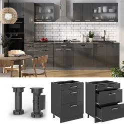 Vicco Meuble cuisine Anthracite Haute brillance 60cm avec tiroirs, sans PT
