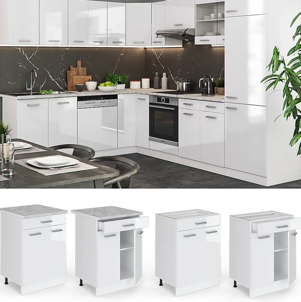 Vicco Meuble cuisine Blanc Haute brillance 60cm avec tiroir, sans PT