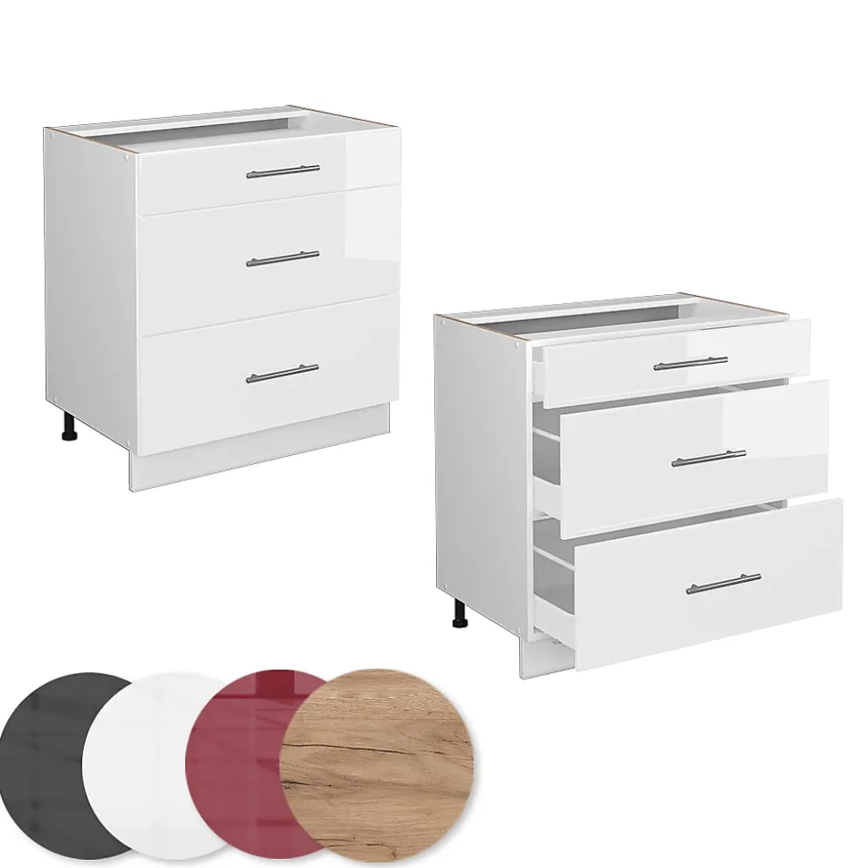 Vicco Meuble cuisine Blanc Haute brillance 80cm avec 3 tiroirs, PT Marbre