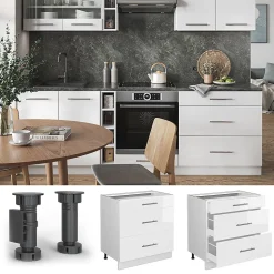 Vicco Meuble cuisine Blanc Haute brillance 80cm avec 3 tiroirs, PT Marbre