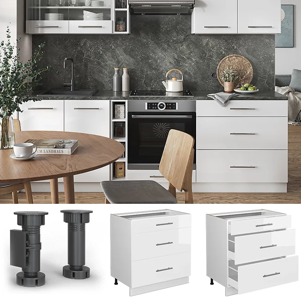 Vicco Meuble cuisine Blanc Haute brillance 80cm avec 3 tiroirs, PT Marbre