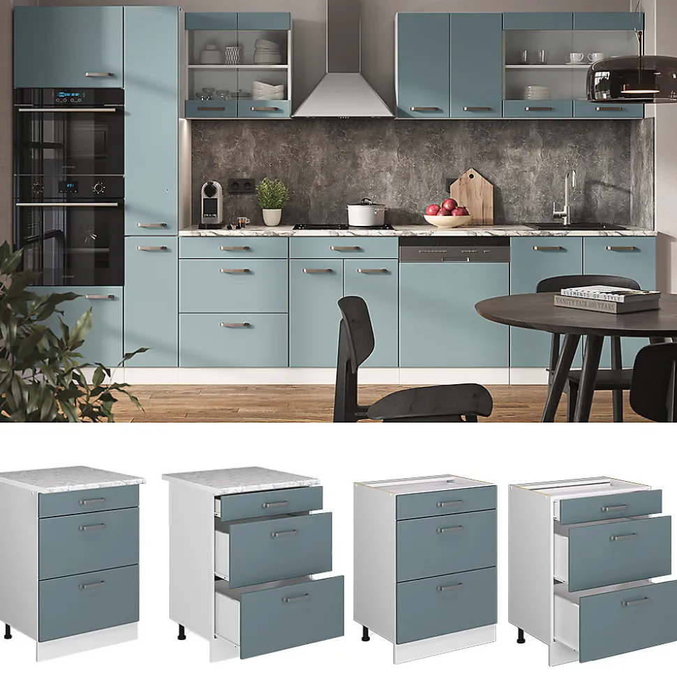 Vicco Meuble cuisine Bleu-gris 60cm avec tiroirs, PT Chêne
