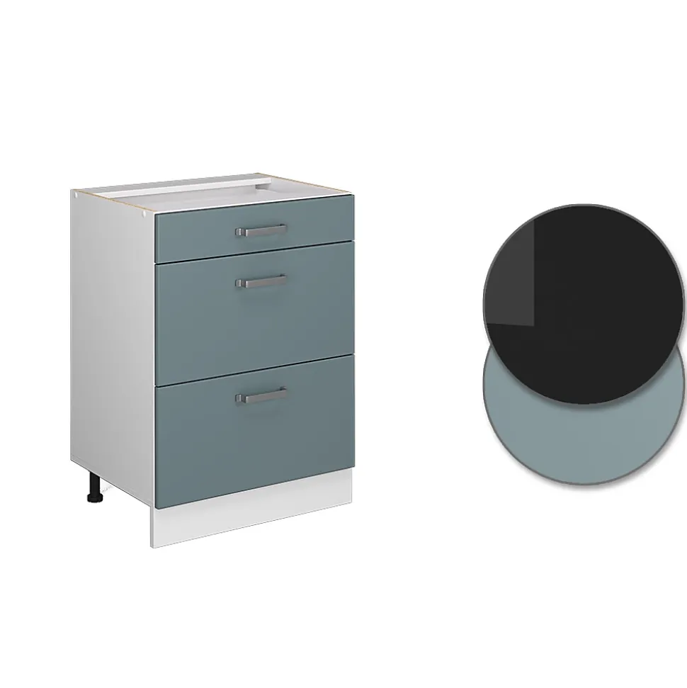 Vicco Meuble cuisine Bleu-gris 60cm avec tiroirs, PT Chêne