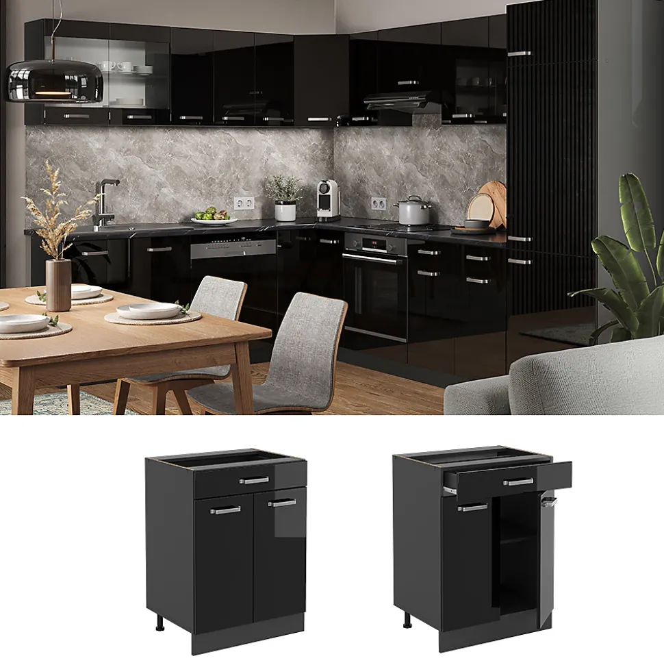 Vicco Meuble cuisine Noir Haute brillance 60cm avec tiroir, sans PT