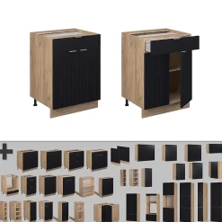 Vicco Meuble cuisine Noir rayé 60cm avec tiroir, sans PT