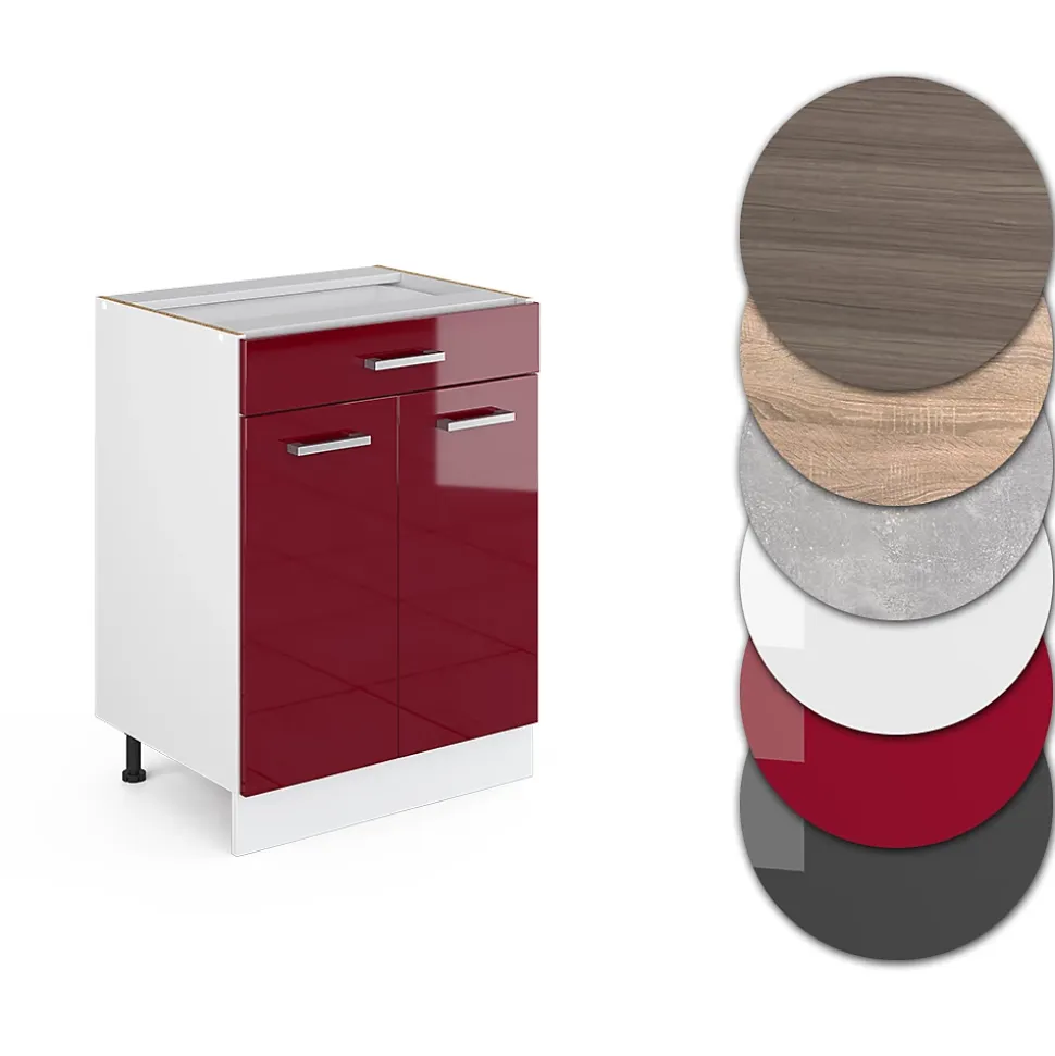 Vicco Meuble cuisine Rouge brillant 60cm avec tiroir, sans PT