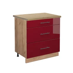 Vicco Meuble cuisine Rouge bordeaux Haute brillance 80cm avec 3 tiroirs, PT Chêne