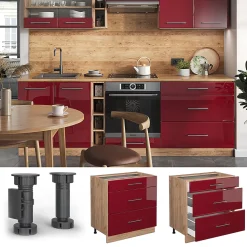 Vicco Meuble cuisine Rouge bordeaux Haute brillance 80cm avec 3 tiroirs, PT Chêne