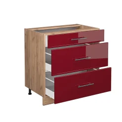Vicco Meuble cuisine Rouge bordeaux Haute brillance 80cm avec 3 tiroirs, PT Chêne