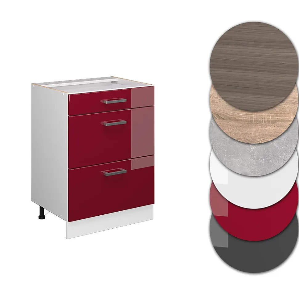 Vicco Meuble cuisine Rouge brillant 60cm avec tiroirs, sans PT