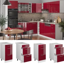 Vicco Meuble cuisine Rouge brillant 40cm avec tiroirs, PT Marbre