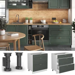 Vicco Meuble cuisine Vert Or Campagne 80cm avec 3 tiroirs, PT Chêne