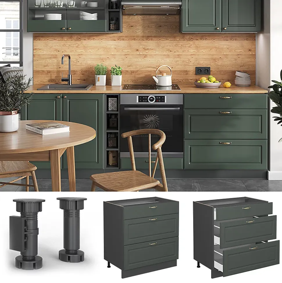 Vicco Meuble cuisine Vert Or Campagne 80cm avec 3 tiroirs, sans PT