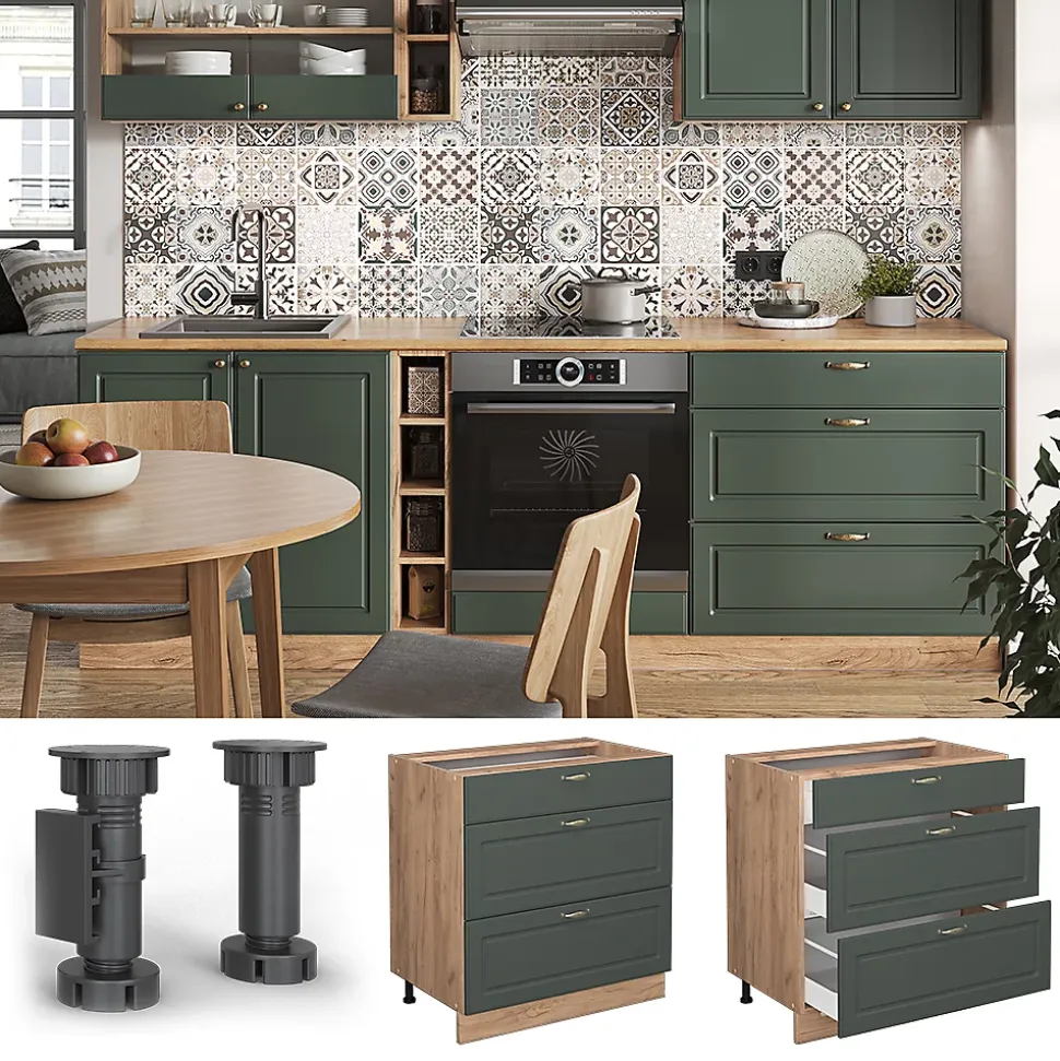 Vicco Meuble cuisine Vert Or Campagne 80cm avec 3 tiroirs, sans PT