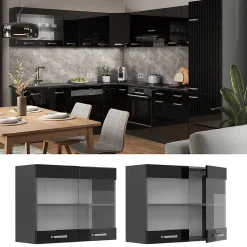 Vicco Meuble de cuisine haut vitré Noir Haute brillance 80cm